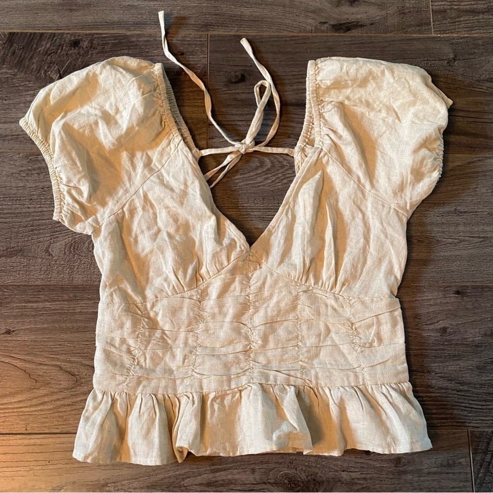 Sim and Sam linen crop top puff sleeve ruching smocked back natural colour